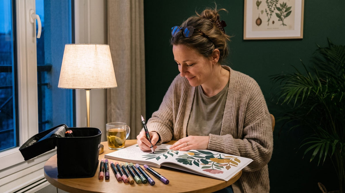 Le soir, une femme colorie une page de feuillages à la lumière d'une lampe, ses feutres acryliques alignés sur la table