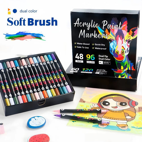 Coffret OPALINE 48 couleurs ouvert, feutres acryliques double embout dans leur boîte à plateaux