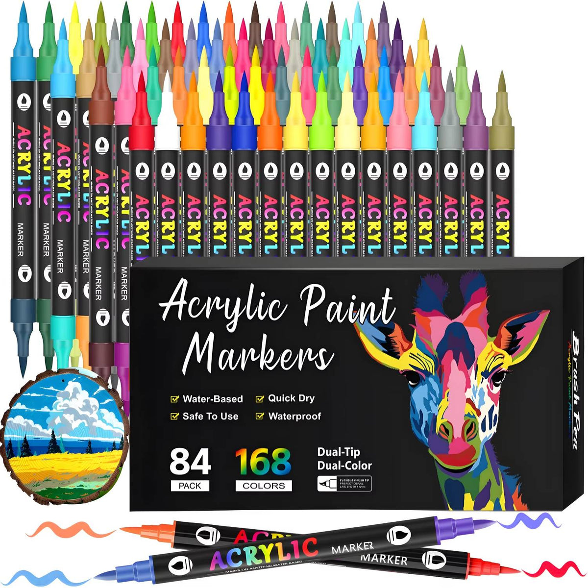 Éventail de feutres OPALINE devant la boîte 168 couleurs