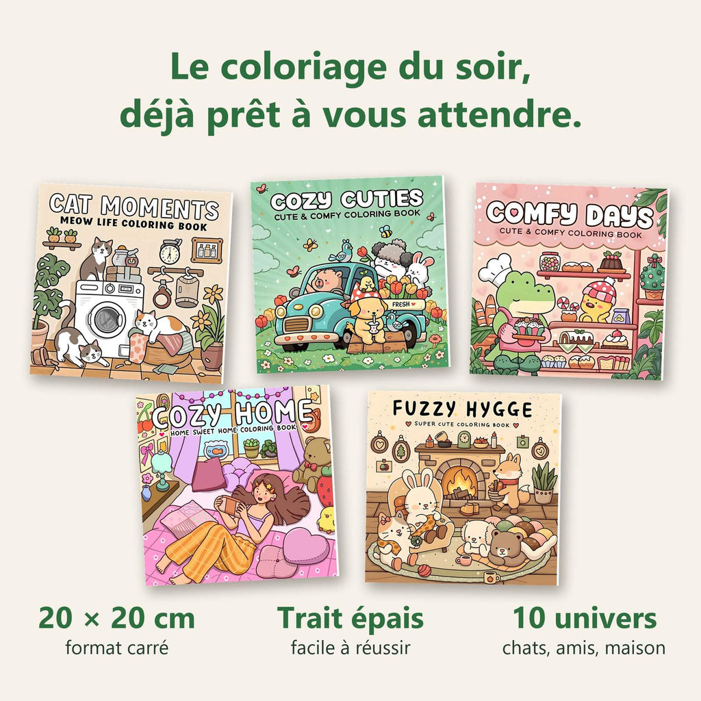 Cinq carnets de coloriage COCON, format carré 20 × 20 cm : Cat Moments, Cozy Cuties, Comfy Days, Cozy Home, Fuzzy Hygge