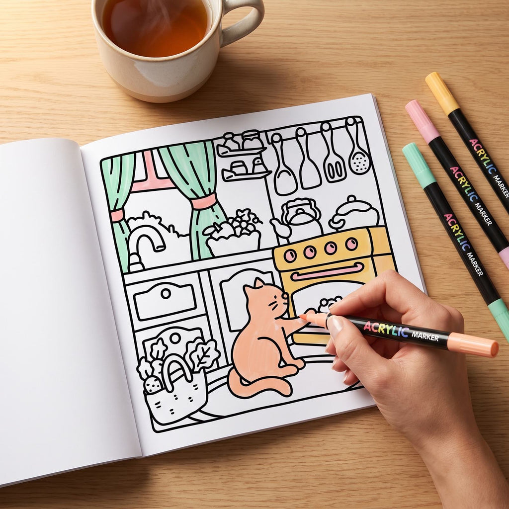 Carnet COCON ouvert : une main colorie un chat dans une cuisine avec un feutre acrylique OPALINE