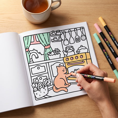 Carnet COCON ouvert : une main colorie un chat dans une cuisine avec un feutre acrylique OPALINE