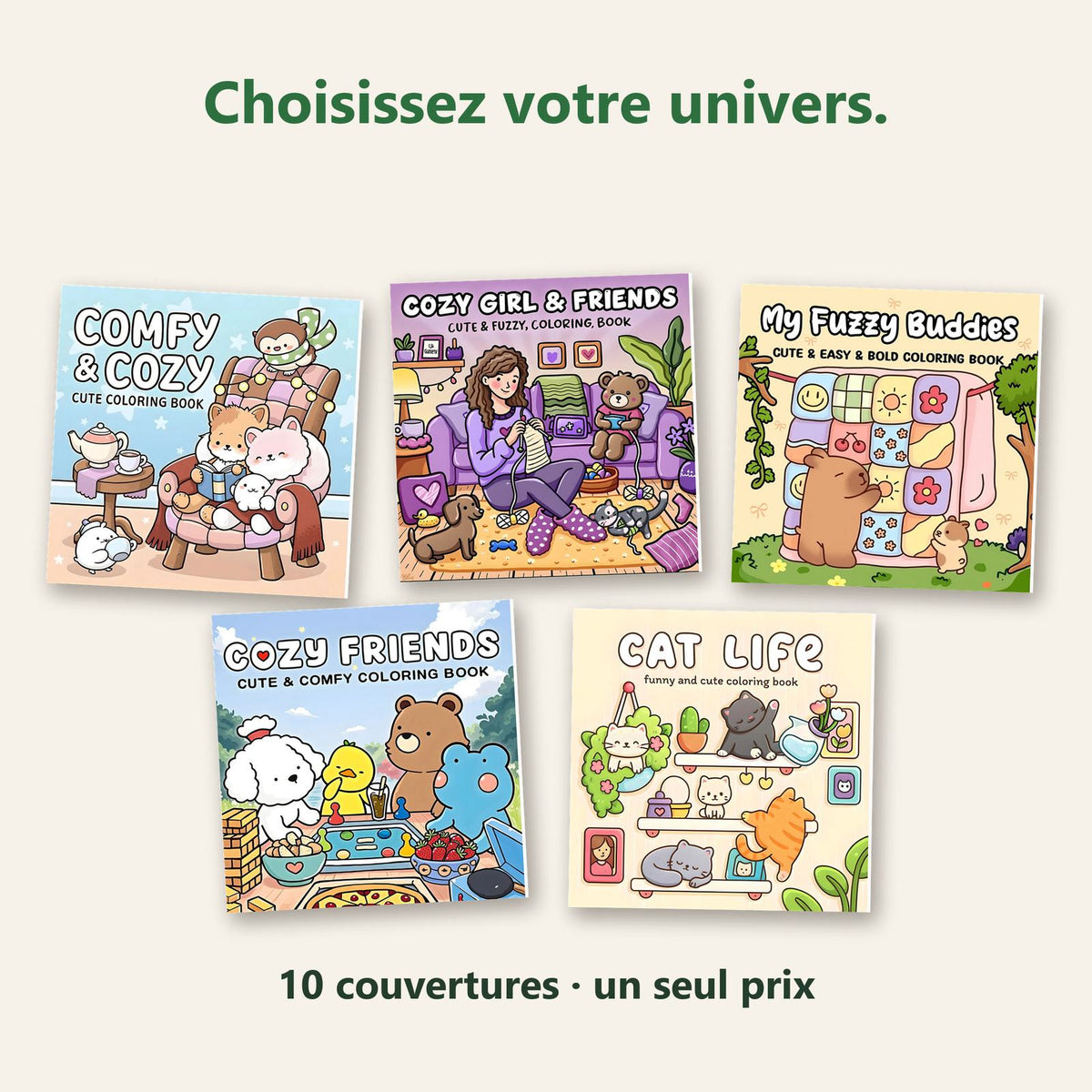Cinq carnets de coloriage COCON : Comfy & Cozy, Cozy Girl & Friends, My Fuzzy Buddies, Cozy Friends, Cat Life