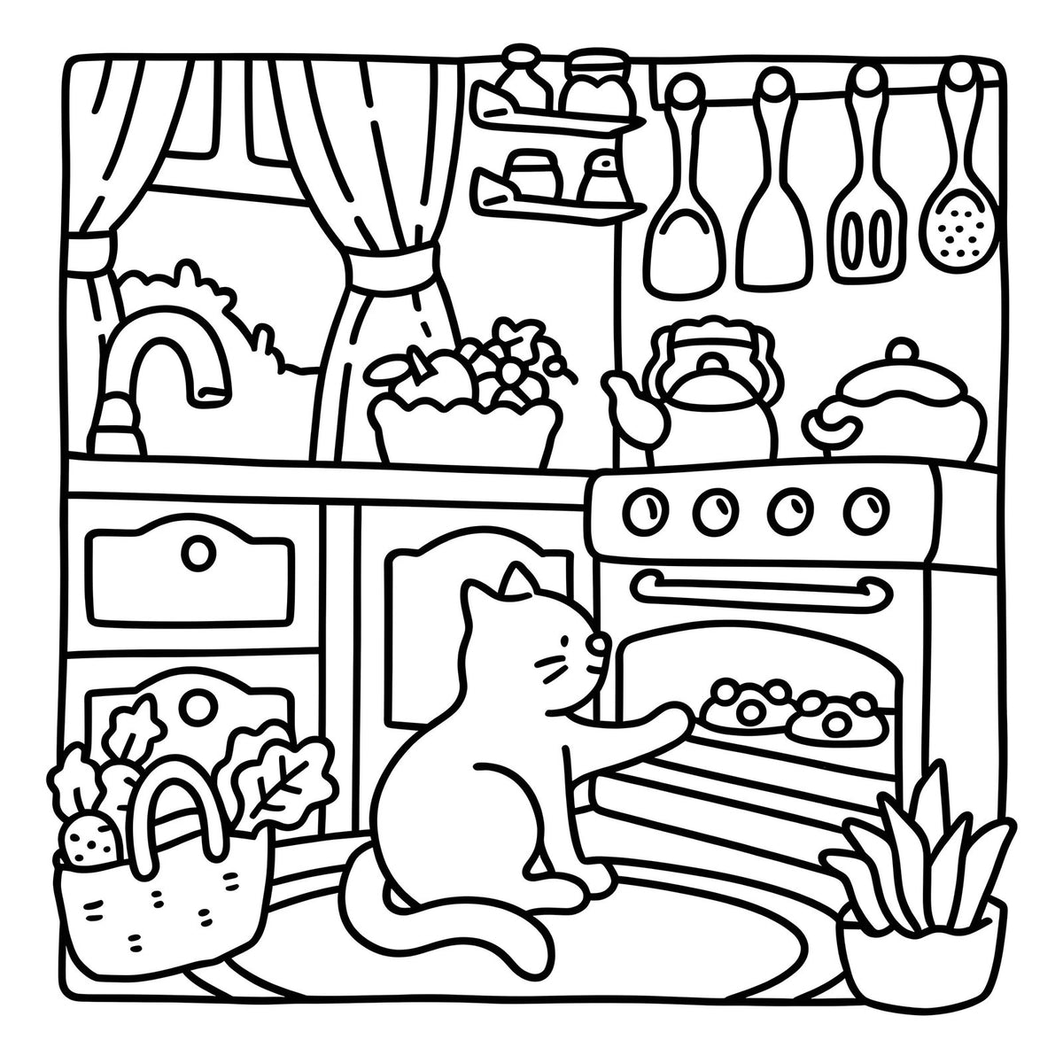 Page intérieure au trait épais : un chat dans une cuisine, prêt à colorier