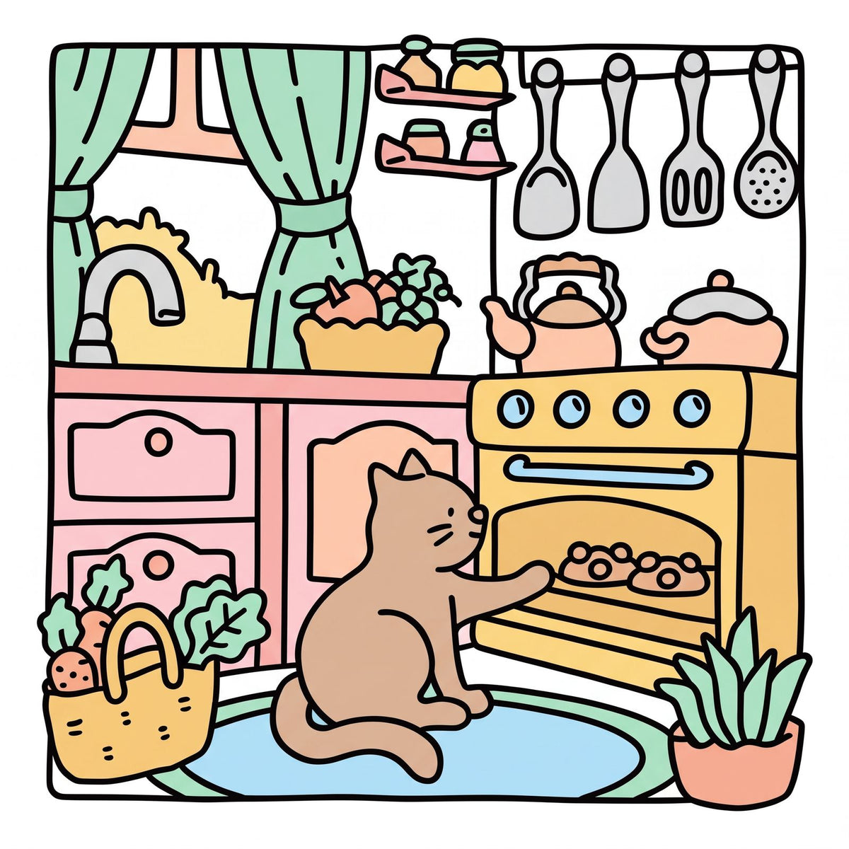 La même page du chat en cuisine, entièrement coloriée aux feutres acryliques