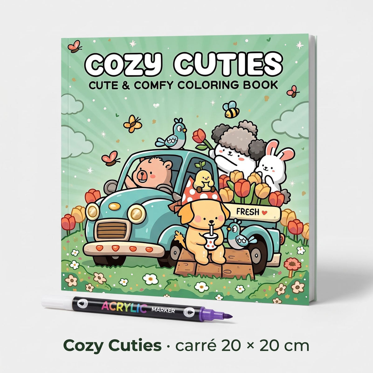 Couverture du carnet Cozy Cuties, format carré 20 × 20 cm