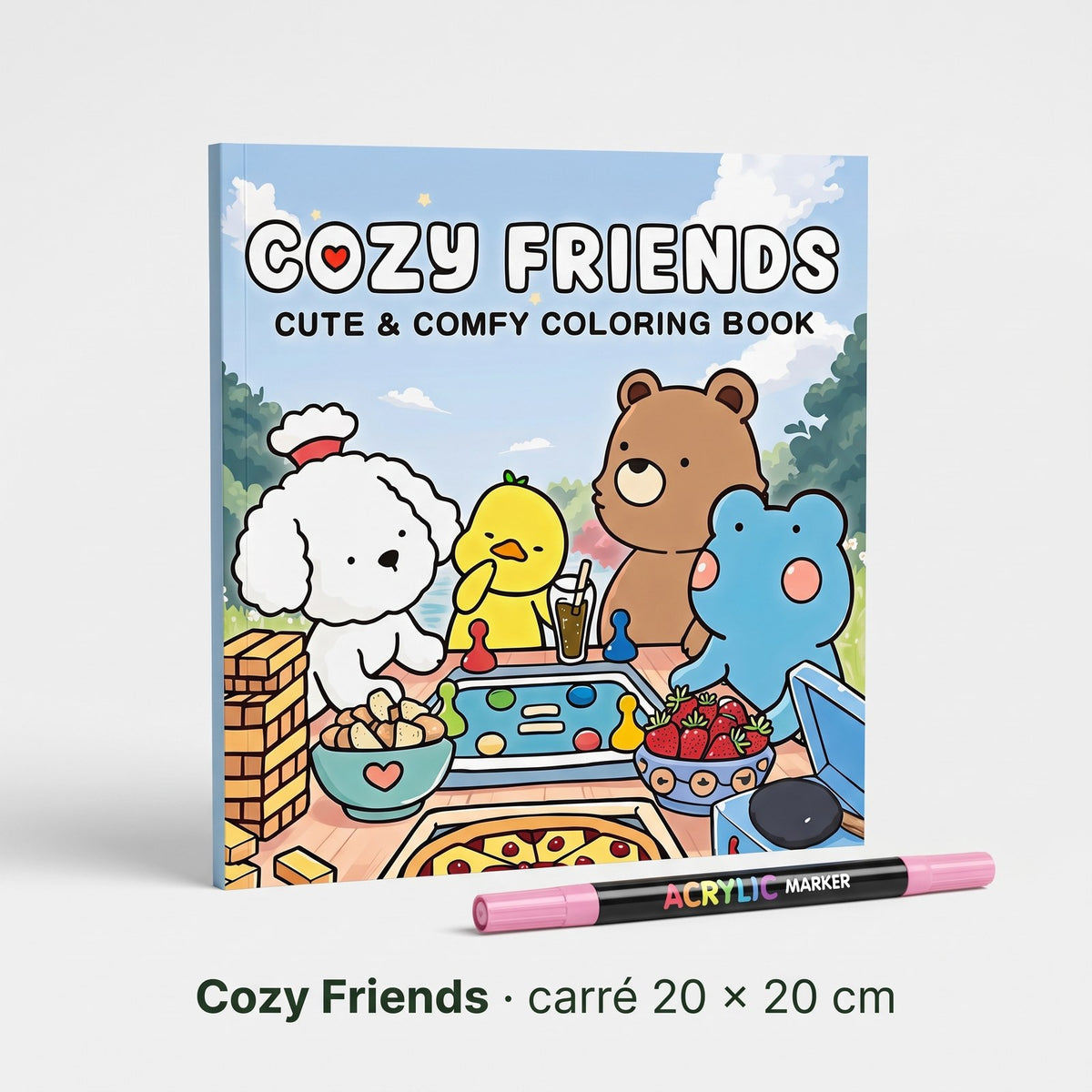 Couverture du carnet Cozy Friends, format carré 20 × 20 cm