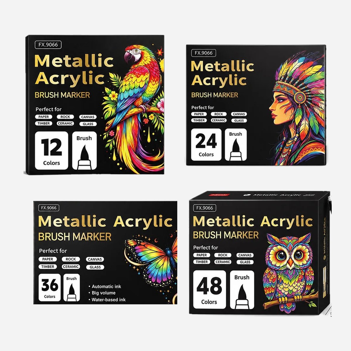 Les quatre coffrets de feutres acryliques métalliques NACRE : 12, 24, 36 et 48 couleurs
