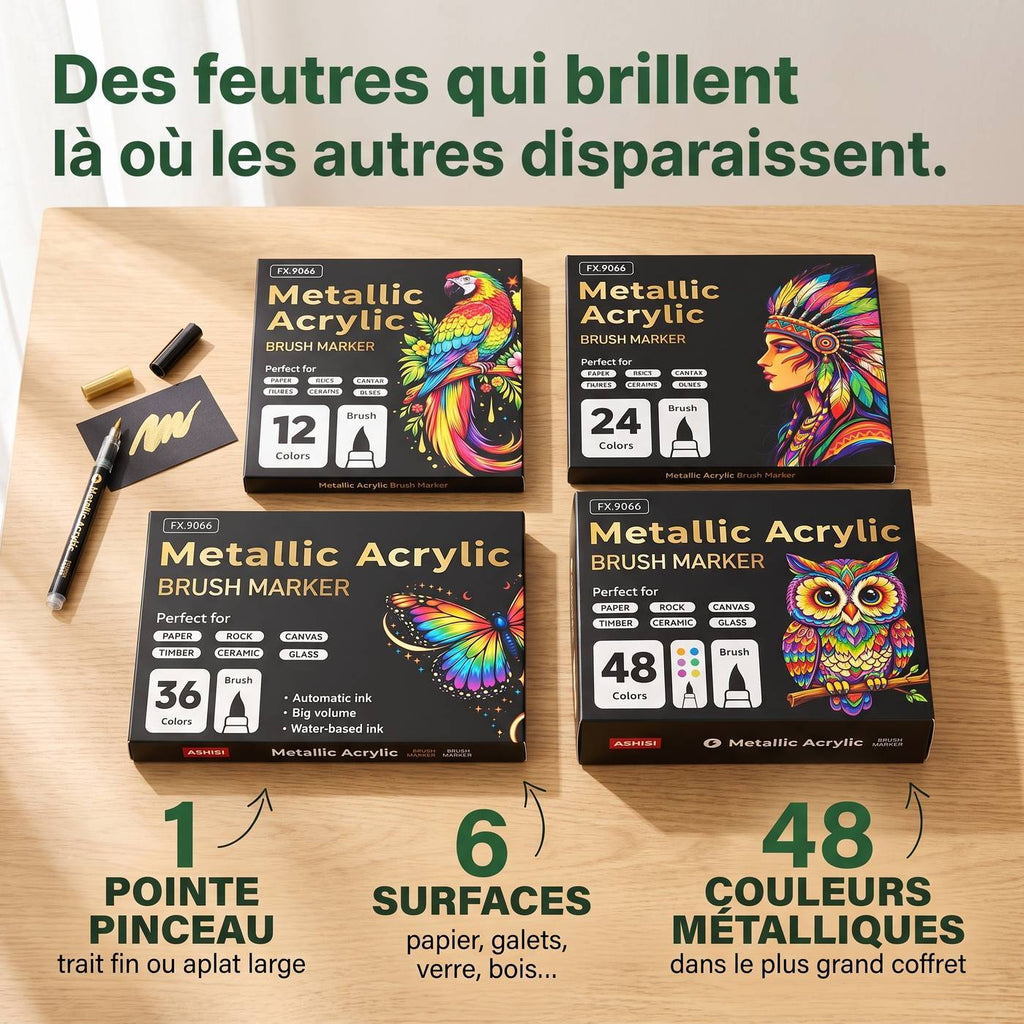 NACRE — les quatre coffrets de feutres acryliques métalliques, de 12 à 48 couleurs