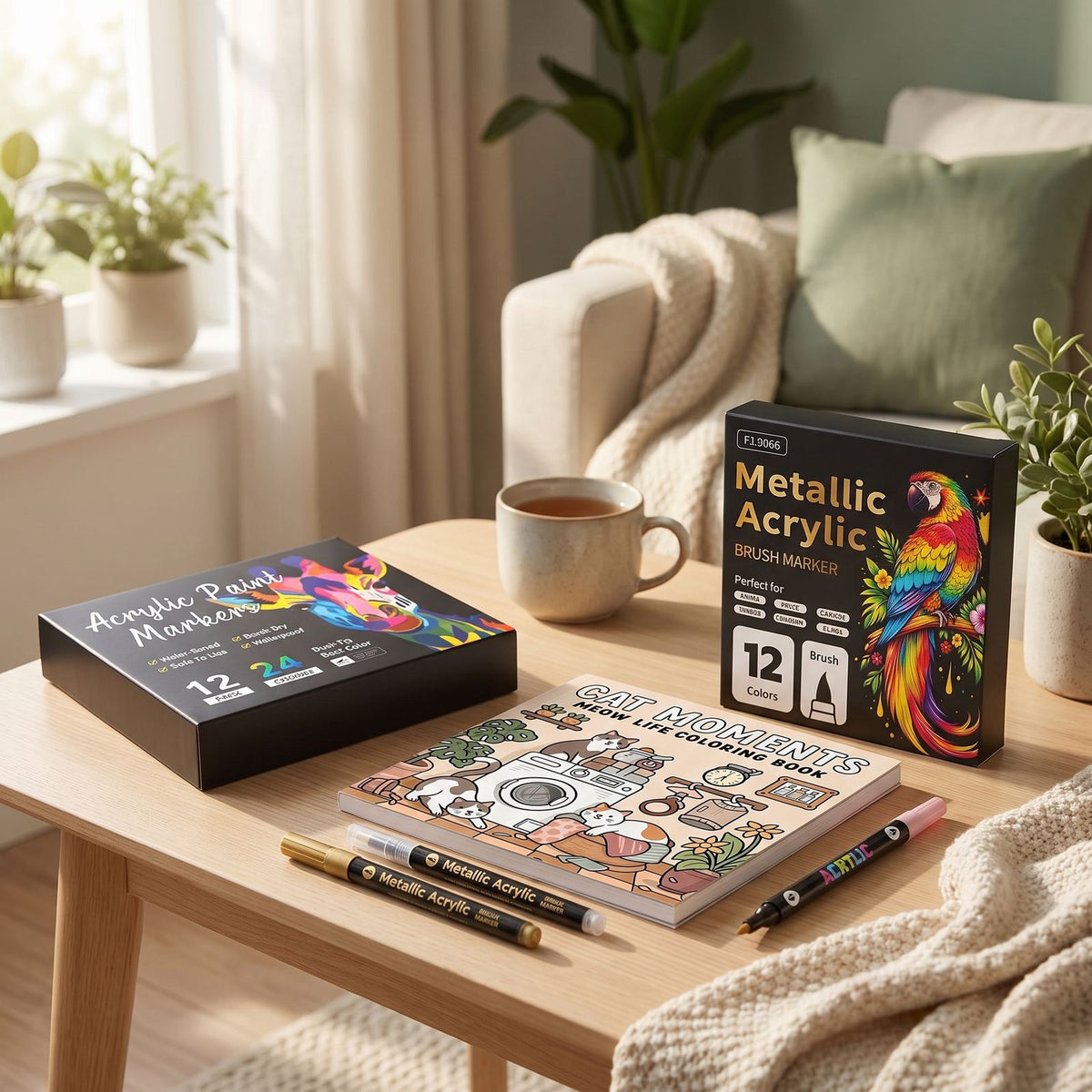 L'ATELIER sur une table en bois : un coffret de feutres acryliques OPALINE, un coffret de feutres métalliques NACRE et un carnet de coloriage COCON