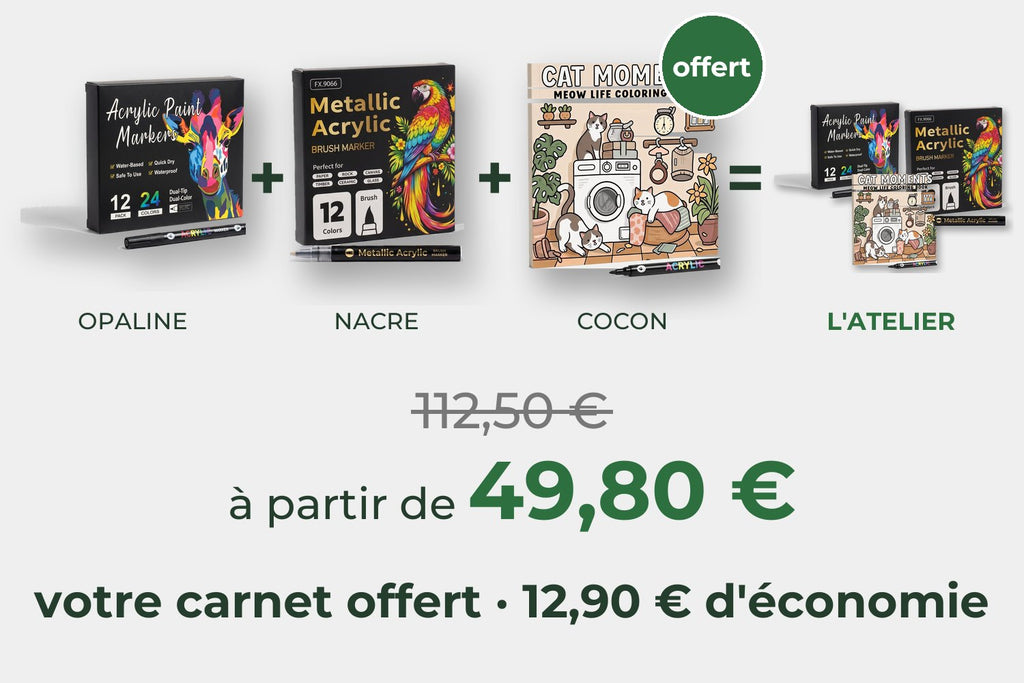 OPALINE + NACRE + COCON offert = L'ATELIER : 112,50 € barré, à partir de 49,80 €, votre carnet offert, 12,90 € d'économie